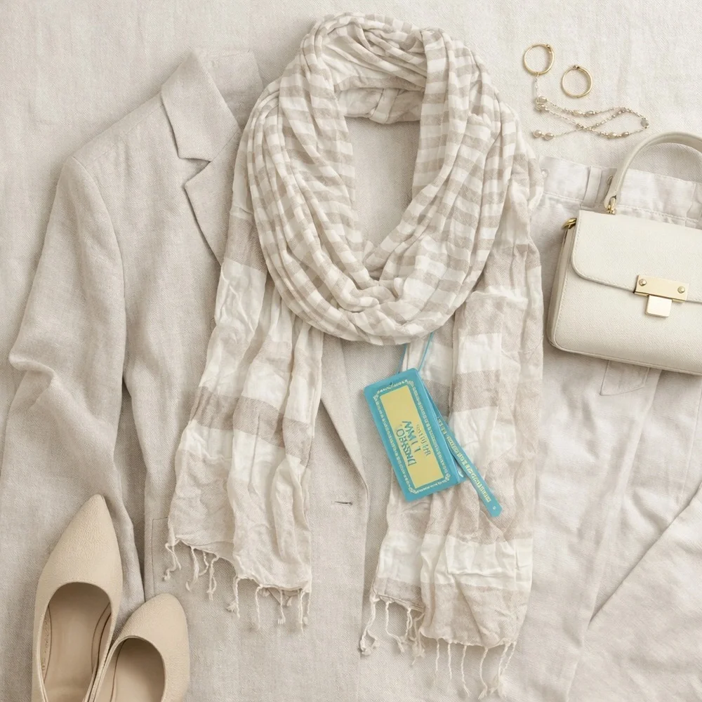 Gianmarco Venturi | Beige Stripe Lightweight Scarf 100% Viscose Fringe Wrap